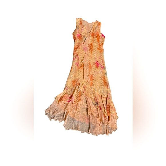 Komarov Crinkle V Neck Floral Peach Pink Midi Whimsical Fairy Dress Small USA - Picture 1 of 7